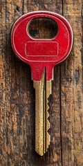 Vintage Red Key with Golden Teeth on Rustic Wooden Background