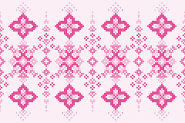 Geometric Pixelated Floral Ornament in Shades of Pink