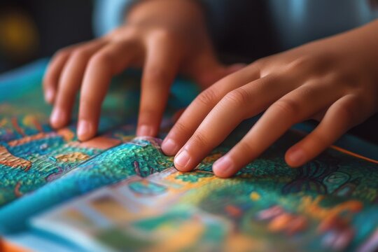 Child's Hands Exploring Tactile Book with Colorful Raised Illustrations and Educational Designs