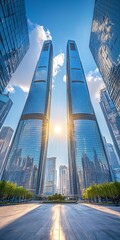 Twin Skyscrapers Under Blue Sky and Sunburst in Urban Landscape