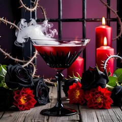 Dark and moody Halloween cocktail with dry ice smoke, black roses, red dahlias, and burning candles.
