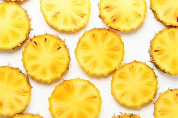 Several pineapple slices scattered artistically across the frame, capturing the vibrant yellow color and smooth texture of the fruit's flesh.