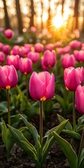 Beautiful Pink Tulips in Sunrise Light at a Flower Garden Scene