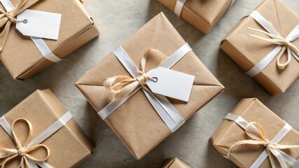 Simple brown gift boxes tied with white ribbon and twine, featuring blank tags for personalized messages