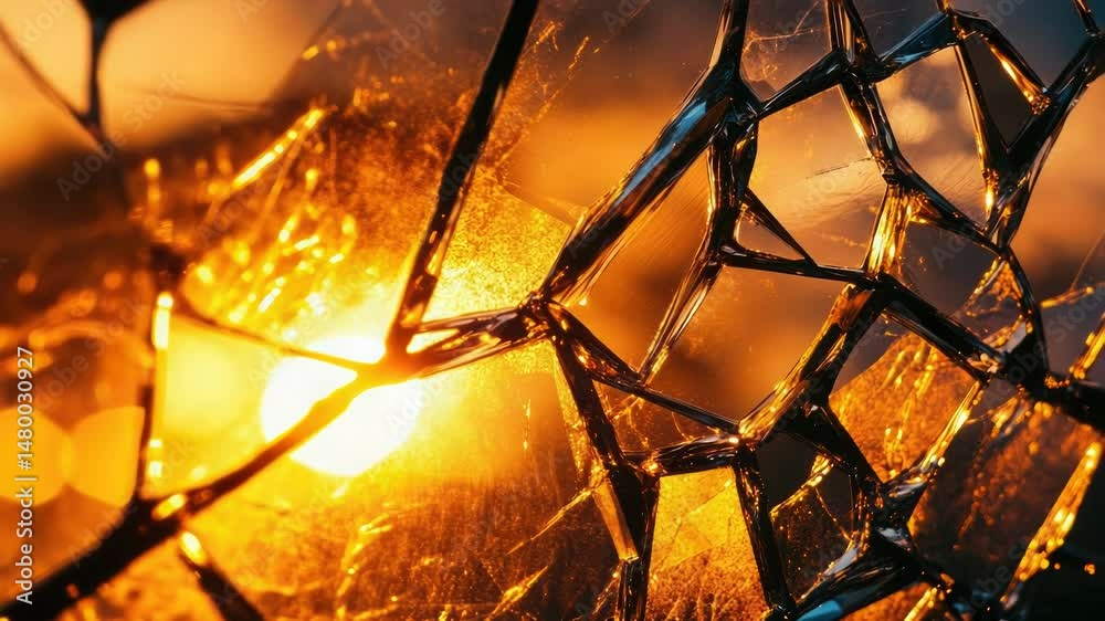 Poster a close-up shot of a broken glass with the sun shining in the background, perfect for use in scenes 