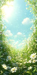 Bright Floral Path with Sunlight and Blue Sky in Spring Environment