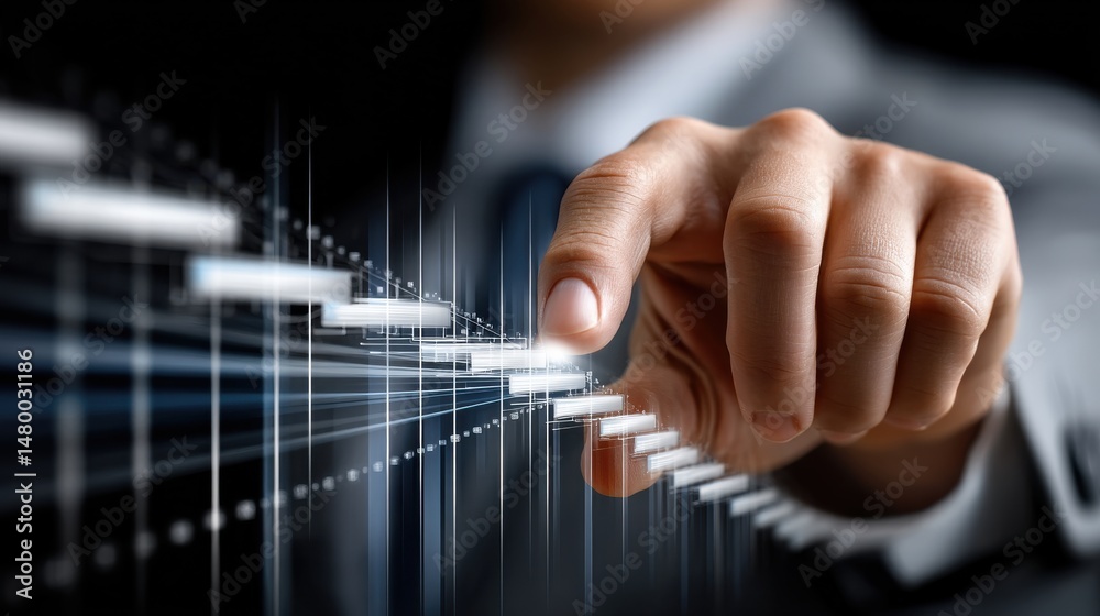 Poster A man is pointing at a series of steps on a computer screen