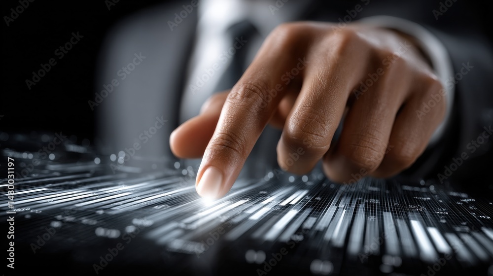 Poster A hand is pointing at a graph on a screen