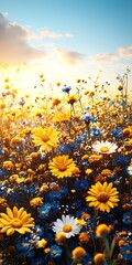 Vibrant Floral Field Under a Bright Sky with Sunlight at Dusk