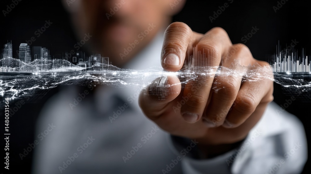 Poster a man is pointing at a city skyline with a finger