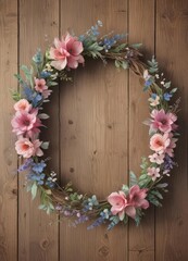 Delicate watercolor floral wreath on rustic wood  , green, blossom