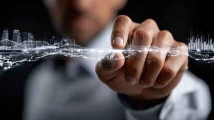 A man is pointing at a city skyline with a finger