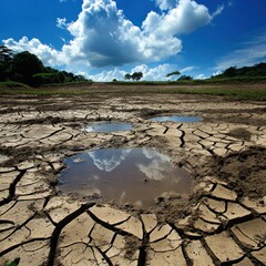 Cracked earth and puddles reflect the cloudy blue sky in an arid landscape after heavy rain