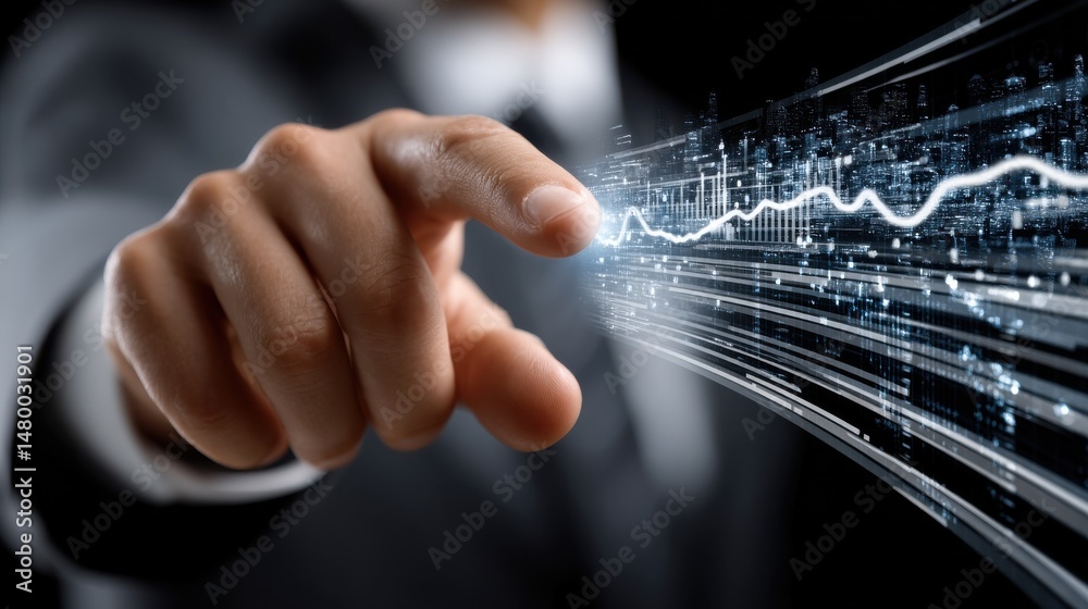 Poster A man is pointing at a computer screen with a blue line