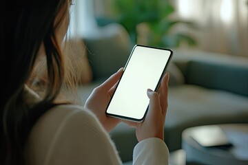 Woman using a blank screen smartphone indoors.  A person holds a phone with a white blank screen.  Soft natural light in the room