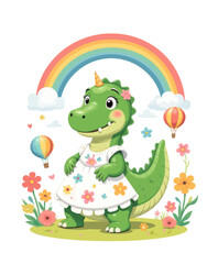 Obraz premium Whimsical Dinosaur Girl in Floral Dress Under Rainbow with Hot Air Balloons