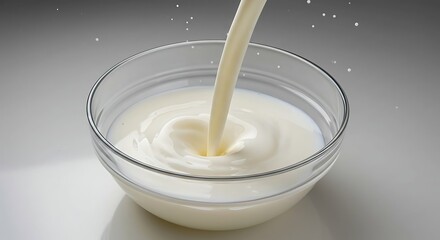 Creamy stream of milk cascading into a glass bowl creating dynamic ripples