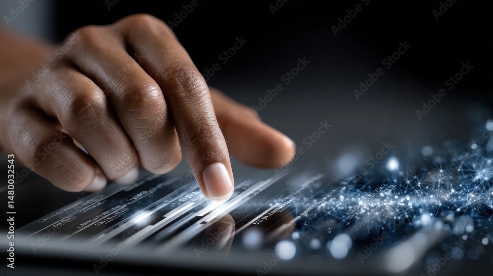 Poster a hand is pointing at a tablet screen with a blue background