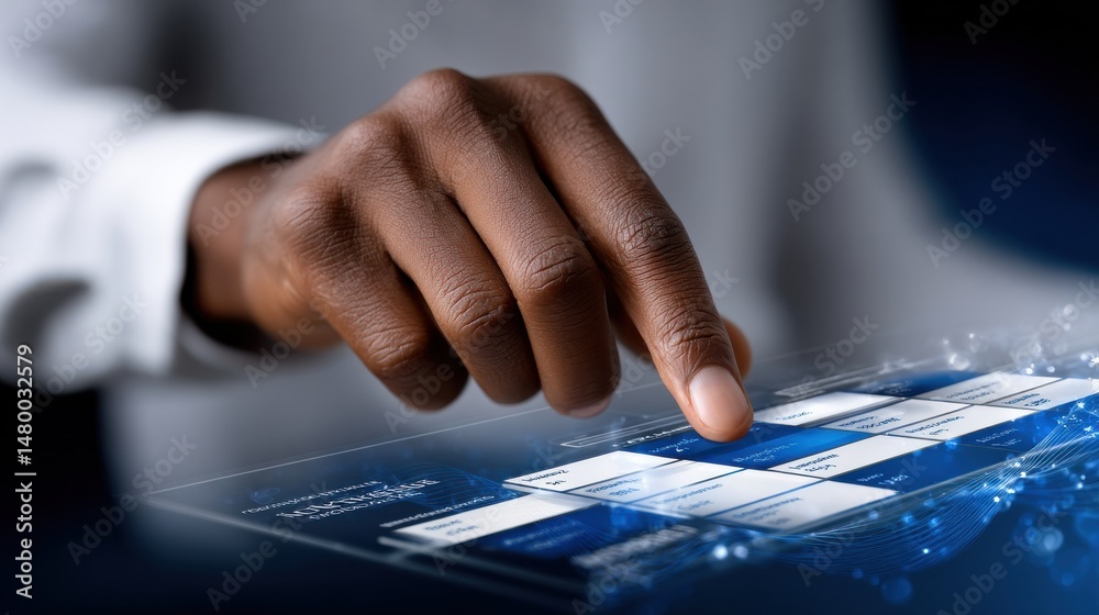 Poster a hand is pointing at a blue screen with a white background
