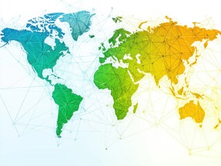 Global network map illustration showing interconnected continents in gradient colors on white background; conceptual world connection design