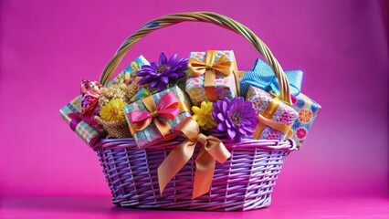A vibrant purple wicker basket overflowing with colorful wrapped gifts and blooming flowers, a cheerful and celebratory sight.