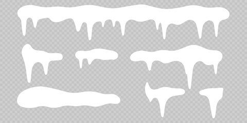 Snowflakes fall gently over icy cartoon decorations. Icicles drip softly from roof-like snowy edges. Winter border frames add cozy seasonal charm. Snow set collection suits posters, invitations