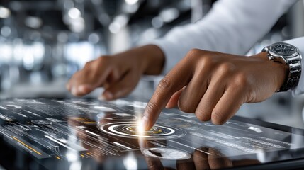 A person is pointing at a screen with a watch on their wrist