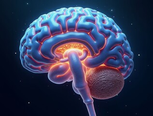 Obraz premium Cross-section of the human brain, highly detailed neural connections, glowing synapses, futuristic cyber-enhanced elements, concept art style