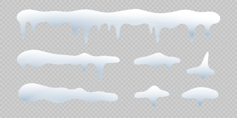 White snowdrift caps hang on transparent background borders. Cartoon snow frames decorate winter banners and cards. Flat snowy elements enhance festive holiday illustrations. Snowflakes fall