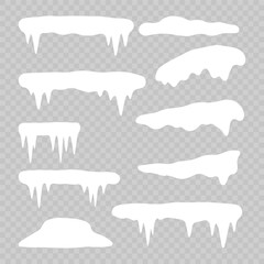 White snowdrift caps hang on transparent background borders. Cartoon snow frames decorate winter banners and cards. Flat snowy elements enhance festive holiday illustrations. Snowflakes fall