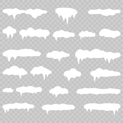 White snowdrift caps hang on transparent background borders. Cartoon snow frames decorate winter banners and cards. Flat snowy elements enhance festive holiday illustrations. Snowflakes fall