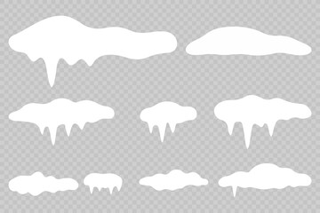 White snowdrift caps hang on transparent background borders. Cartoon snow frames decorate winter banners and cards. Flat snowy elements enhance festive holiday illustrations. Snowflakes fall