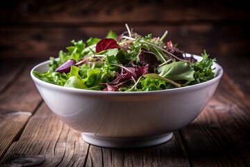 A fresh, green vegetable salad with lettuce and tomato in a white bowl sits on a wooden table, a healthy and organic meal