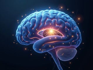 Fototapeta premium Cross-section of the human brain, highly detailed neural connections, glowing synapses, futuristic cyber-enhanced elements, concept art style