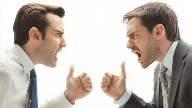 Two men engaged in a heated argument, showcasing strong emotions and conflict in a professional setting.