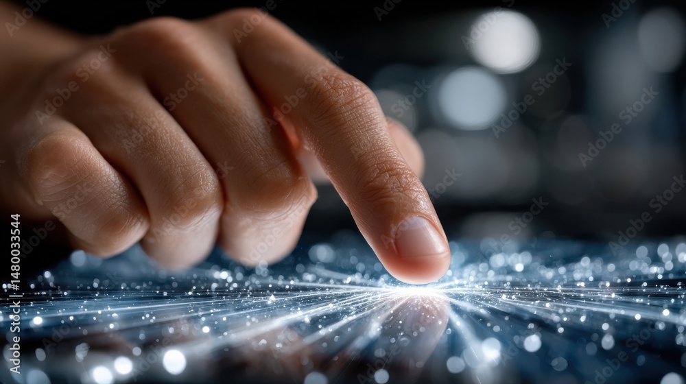 Poster a hand is pointing at a screen with a blue background