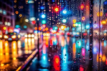 Abstract City Lights Reflection on Wet Windowpane - Modern Urban Art