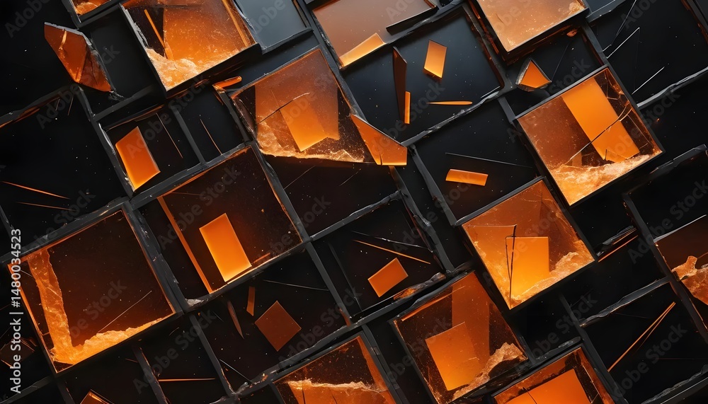 Poster abstract view of orange and black square mosaic tiles with cracks and sharp edges in a dark setting
