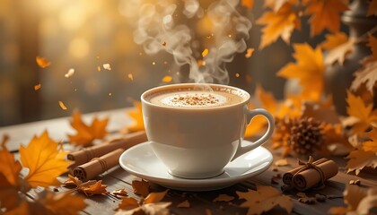 Warm, steaming coffee with spice on table surrounded by autumn leaves and cinnamon sticks.