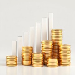 Stacks of gold coins with rising bars represent financial growth and investment strategies in a modern business setting