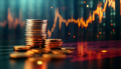 Downward-trending graph overlaid with a stack of coins depicting falling interest rates, investment, graph