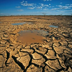 Cracked Earth Puddles reflect blue sky over parched landscape for environmental stock