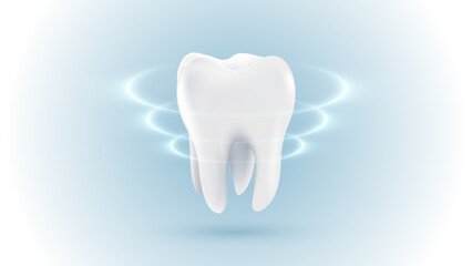 3D realistic vector healthy glowing tooth. Dental care, protection and whitening. Dental care, taking care of teeth. Dental servises.