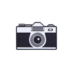 Black and white camera icon patch with simple design, featuring classic camera shape and lens detail, perfect for clothing or accessories