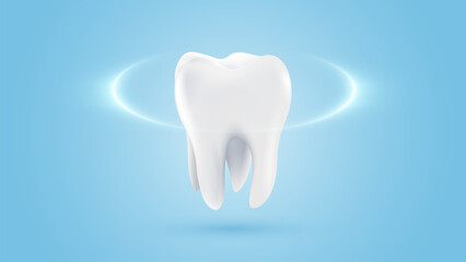 3D realistic vector healthy glowing tooth. Dental care, protection and whitening. Dental care, taking care of teeth. Dental servises.