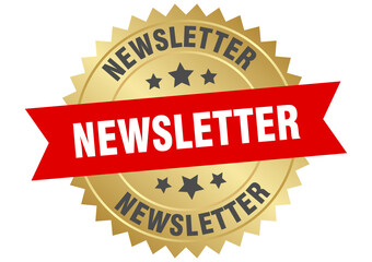 newsletter. newsletter round red and gold label isolated on transparent background