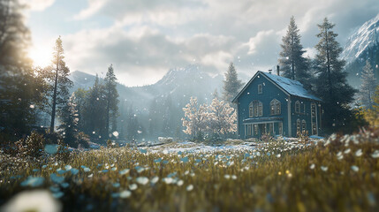 Cozy Winter Cabin in Snowy Mountain Landscape