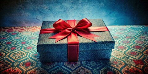 Fototapeta premium A vintage blue gift box with a large red satin bow resting on a colorful patterned surface.