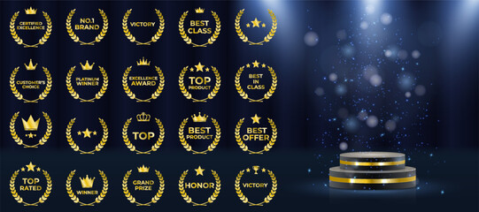 Set includes best price, choice, and seller designs. Vector icons ideal for cinema festivals and events. Award logo suits branding, marketing, or recognition labels. Premium gold foliage crown symbol