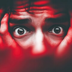 Intense Close-Up of Wide-Open Eyes Expressing Fear and Anxiety in a Dramatic Red-Lit Environment